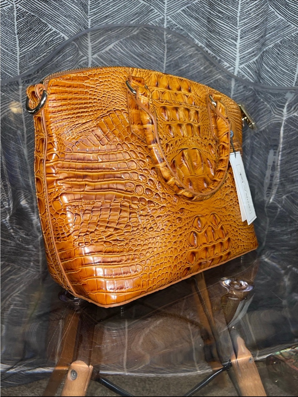 Brahmin Croc-Embossed Satchel - Cognac - Picture 3 of 10